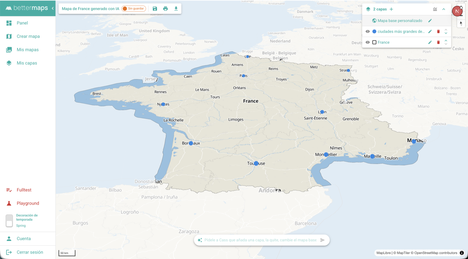 Bettermaps Mapmaker — editor con un mapa de Francia